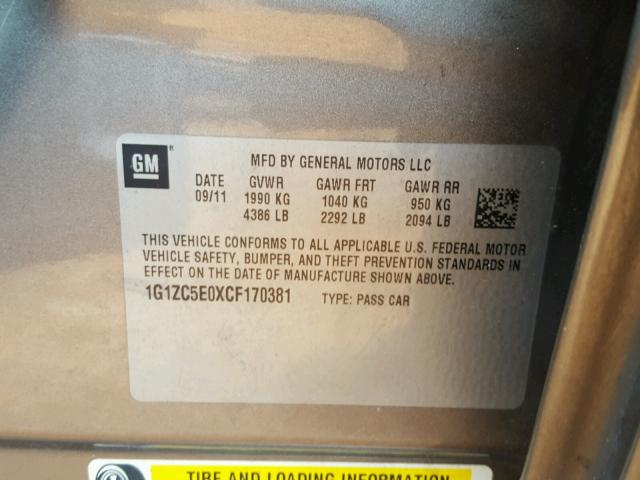 1G1ZC5E0XCF170381 - 2012 CHEVROLET MALIBU 1LT 棕色 照片 10