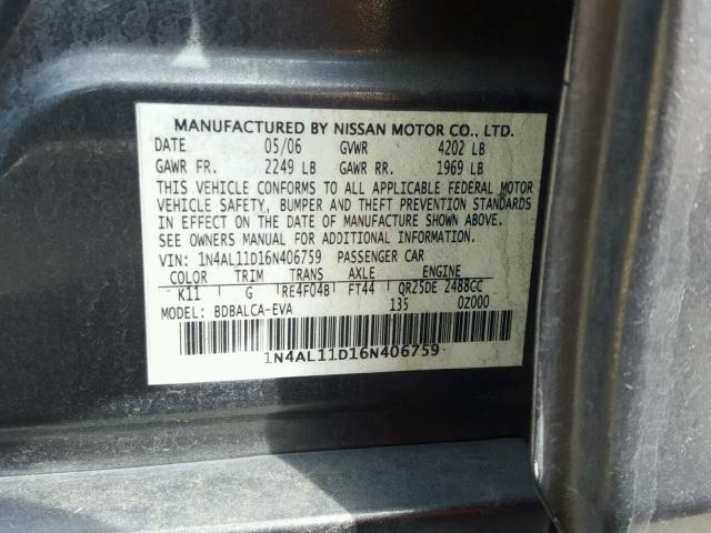 1N4AL11D16N406759 - 2006 NISSAN ALTIMA S CHARCOAL photo 10