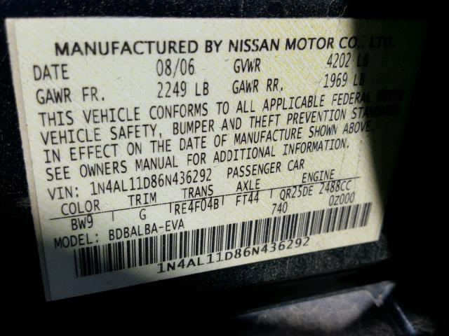 1N4AL11D86N436292 - 2006 NISSAN ALTIMA S BLUE photo 10