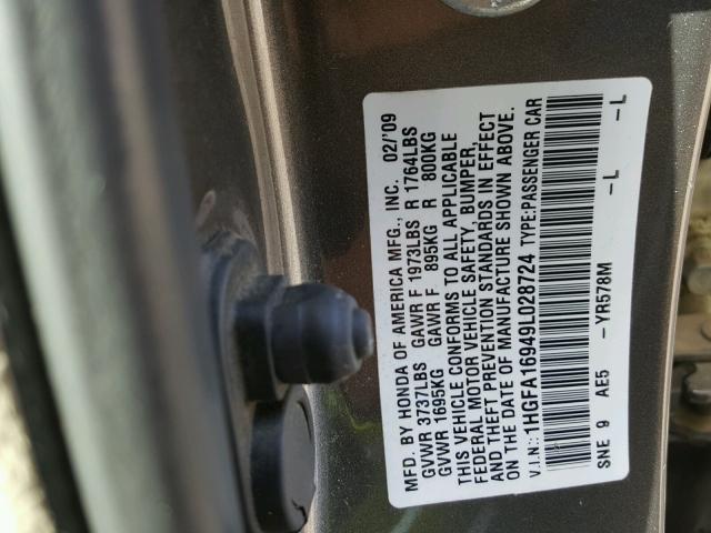 1HGFA16949L028724 - 2009 HONDA CIVIC EXL GRAY photo 10