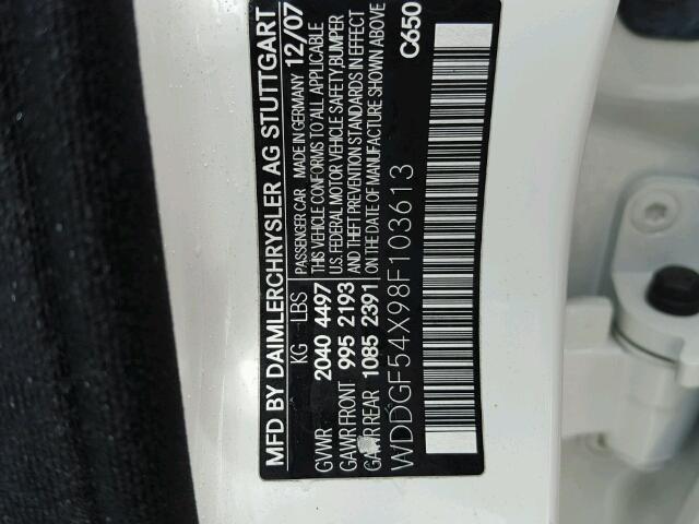 WDDGF54X98F103613 - 2008 MERCEDES-BENZ C WHITE photo 10