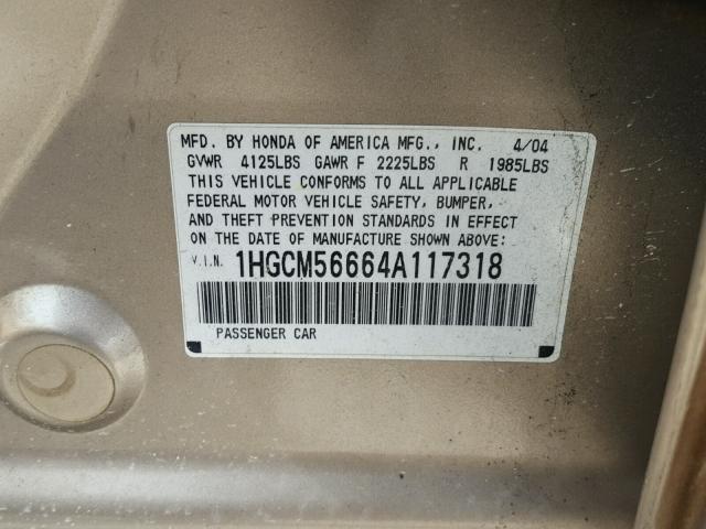 1HGCM56664A117318 - 2004 HONDA ACCORD EX GOLD photo 10