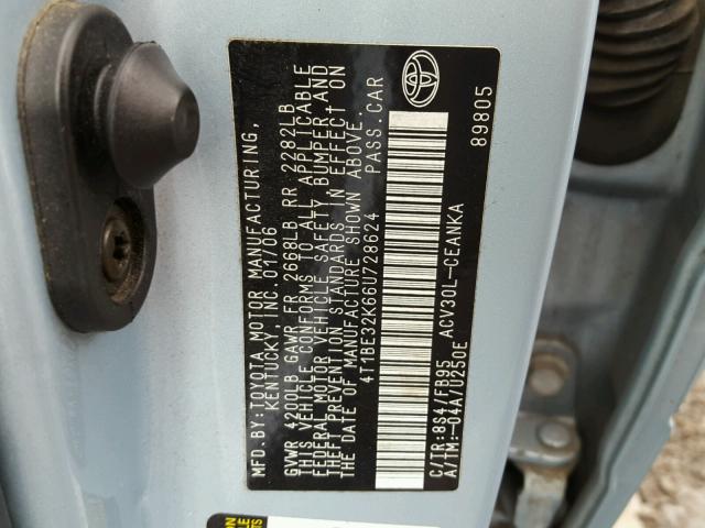 4T1BE32K66U728624 - 2006 TOYOTA CAMRY LE BLUE photo 10