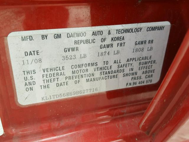 KL1TD56E69B627716 - 2009 CHEVROLET AVEO LS RED photo 10