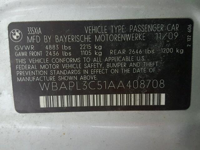WBAPL3C51AA408708 - 2010 BMW 335 XI Srebrny zdjęcie 10