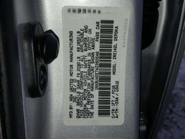 1NXBU4EE7AZ350546 - 2010 TOYOTA COROLLA BA SILVER photo 10