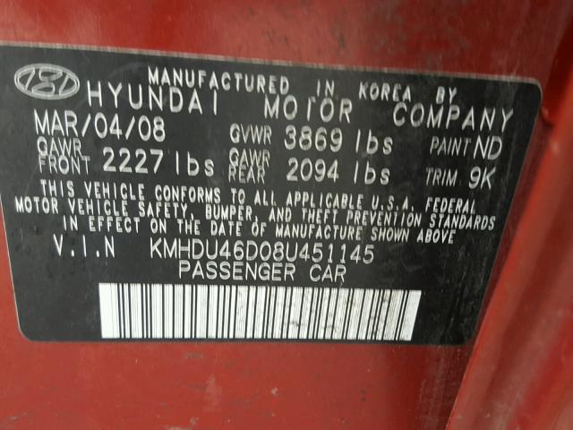 KMHDU46D08U451145 - 2008 HYUNDAI ELANTRA GL RED photo 10