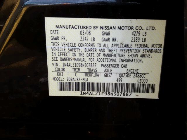 1N4AL21E98N507887 - 2008 NISSAN ALTIMA 2.5 BLACK photo 10