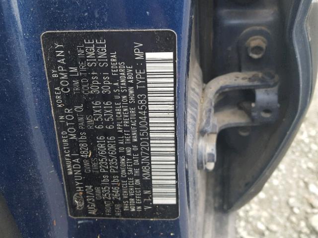 KM8JN72D15U044583 - 2005 HYUNDAI TUCSON GLS BLUE photo 10