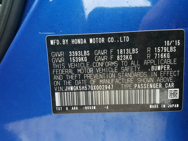 JHMGK5H57GX002947 - 2016 HONDA FIT LX BLUE photo 10