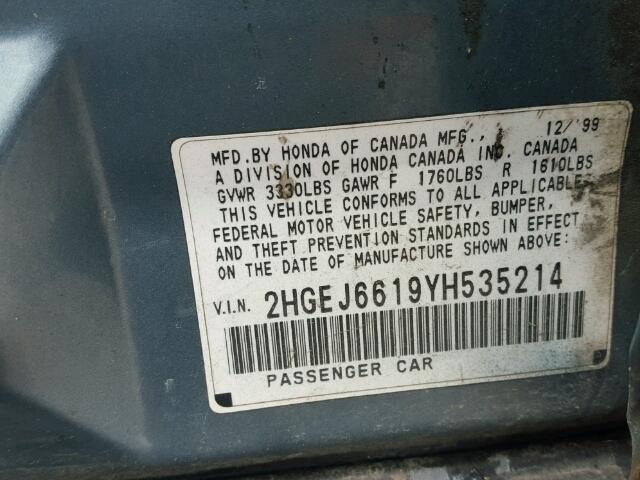 2HGEJ6619YH535214 - 2000 HONDA CIVIC BASE BLUE photo 10