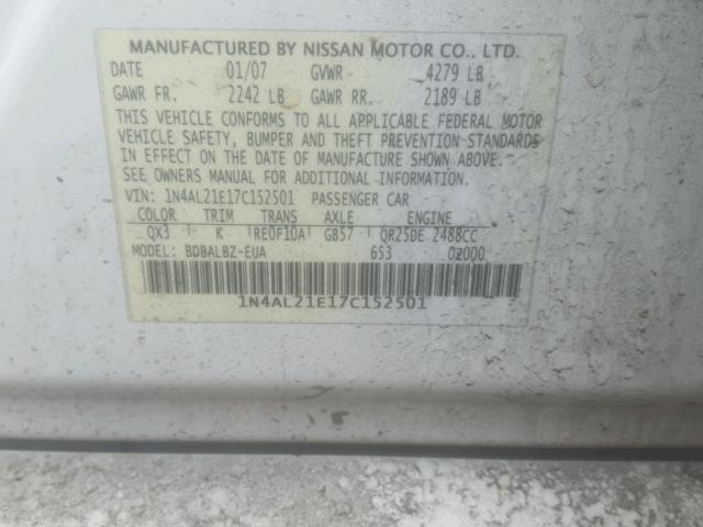 1N4AL21E17C152501 - 2007 NISSAN ALTIMA 2.5 WHITE photo 10