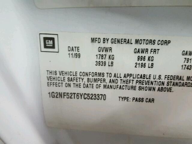 1G2NF52T6YC523370 - 2000 PONTIAC GRAND AM S 白色 照片 10