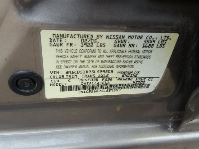 3N1CB51D25L529503 - 2005 NISSAN SENTRA 1.8 SILVER photo 10