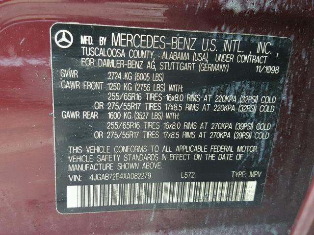 4JGAB72E4XA082279 - 1999 MERCEDES-BENZ ML 430 BURGUNDY photo 10