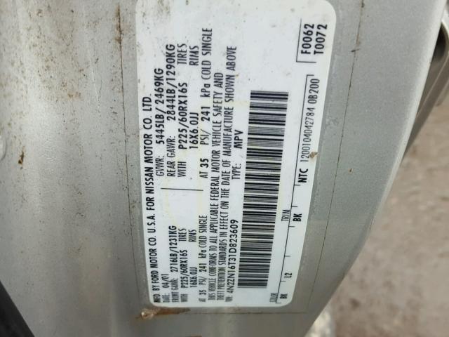 4N2ZN16T31D823609 - 2001 NISSAN QUEST SE SILVER photo 10