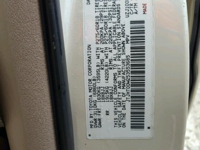 JTJHT00W253553685 - 2005 LEXUS LX 470 WHITE photo 10