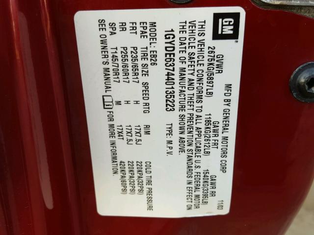 1GYDE637440135223 - 2004 CADILLAC SRX RED photo 10