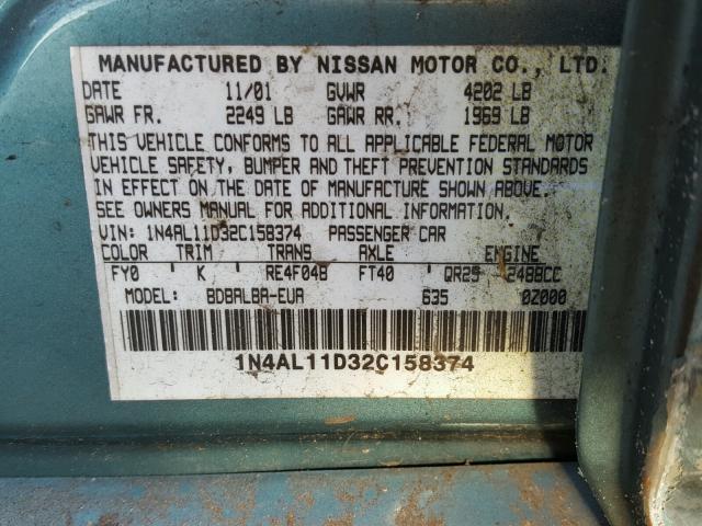 1N4AL11D32C158374 - 2002 NISSAN ALTIMA BAS BLUE photo 10