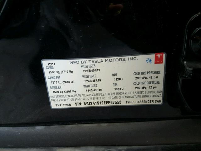 5YJSA1S12EFP67553 - 2014 TESLA MODEL S BLACK photo 10