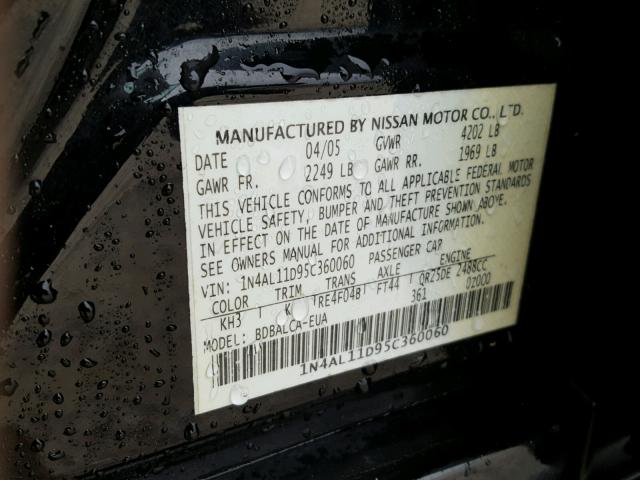 1N4AL11D95C360060 - 2005 NISSAN ALTIMA S BLACK photo 10