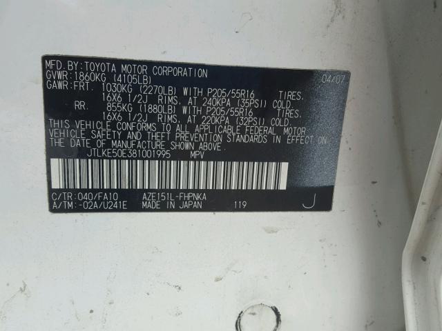 JTLKE50E381001995 - 2008 TOYOTA SCION XB WHITE photo 10