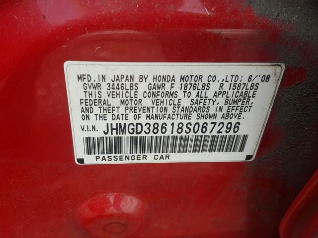 JHMGD38618S067296 - 2008 HONDA FIT SPORT RED photo 10