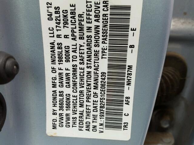 19XFB2F51CE062439 - 2012 HONDA CIVIC LX Azul foto 10