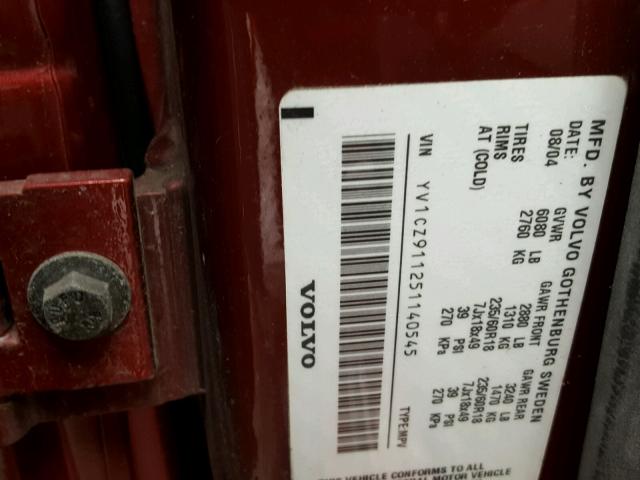 YV1CZ911251140545 - 2005 VOLVO XC90 T6 RED photo 10