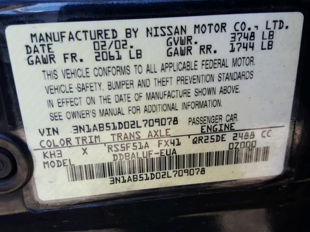 3N1AB51D02L709078 - 2002 NISSAN SENTRA SE- BLACK photo 10