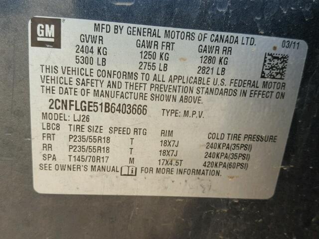 2CNFLGE51B6403666 - 2011 CHEVROLET EQUINOX LT GRAY photo 10