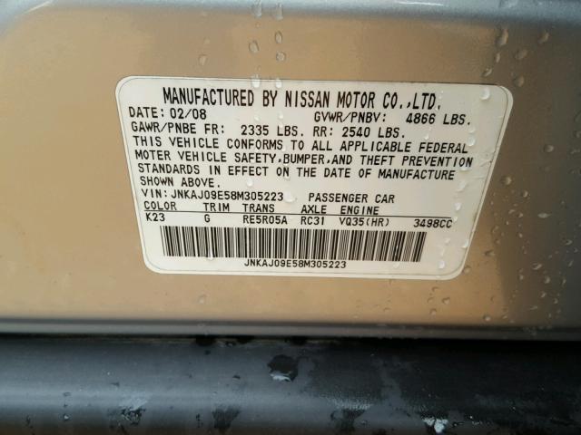 JNKAJ09E58M305223 - 2008 INFINITI EX35 BASE SILVER photo 10