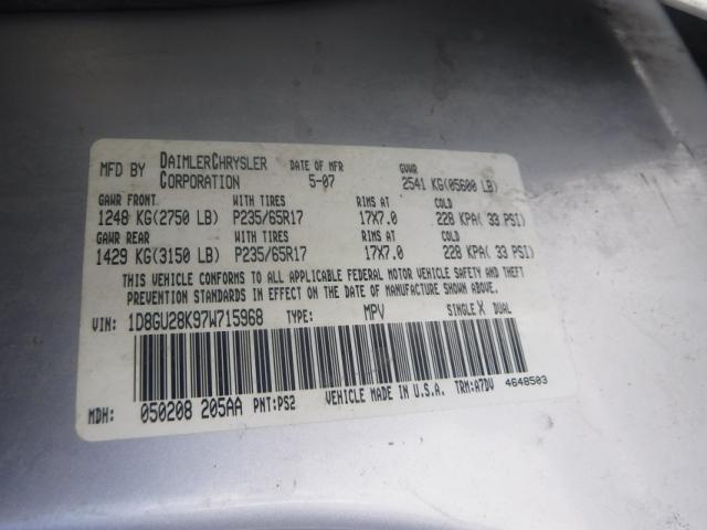 1D8GU28K97W715968 - 2007 DODGE NITRO SXT SILVER photo 10