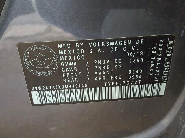 3VW2K7AJXDM449740 - 2013 VOLKSWAGEN JETTA BASE 灰色 照片 10