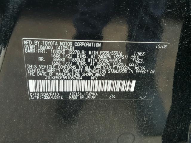 JTLKE50E591087604 - 2009 TOYOTA SCION XB 黑色 照片 10