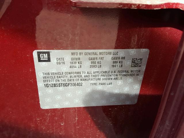 1G1ZB5ST6GF306402 - 2016 CHEVROLET MALIBU LS წითელი ფოტო 10