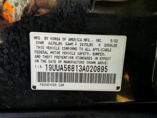 19UUA56813A020895 - 2003 ACURA 3.2TL TYPE BLACK photo 10