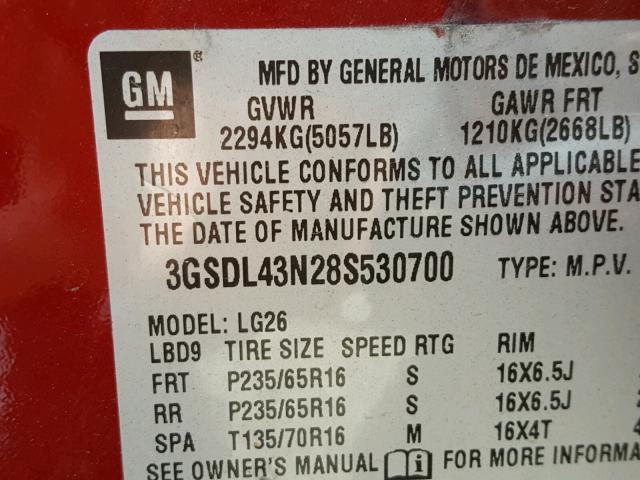 3GSDL43N28S530700 - 2008 SATURN VUE XE RED photo 10