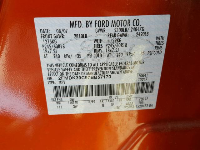 2FMDK39C97BB57170 - 2007 FORD EDGE SEL P ORANGE photo 10