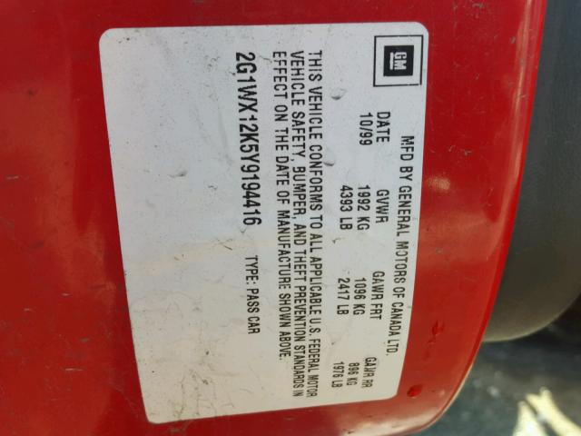 2G1WX12K5Y9194416 - 2000 CHEVROLET MONTE CARL 双色 照片 10