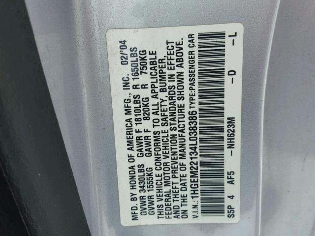 1HGEM22134L038386 - 2004 HONDA CIVIC DX V SILVER photo 10