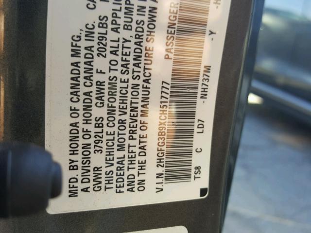 2HGFG3B9XCH517777 - 2012 HONDA CIVIC EXL GRAY photo 10