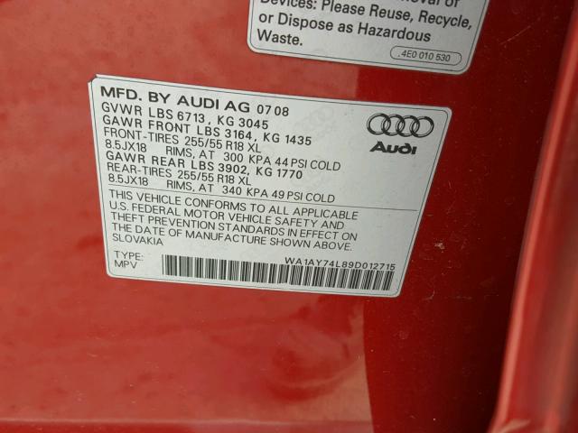 WA1AY74L89D012715 - 2009 AUDI Q7 3.6 QUA BURGUNDY photo 10