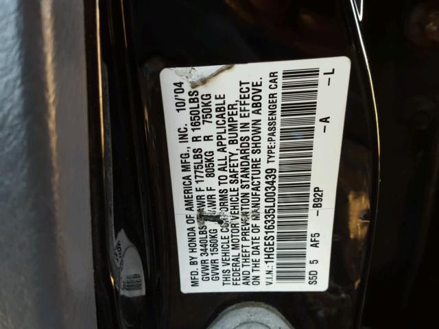 1HGES16335L003439 - 2005 HONDA CIVIC DX V BLACK photo 10