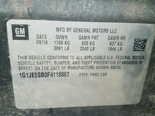 1G1JE5SB0F4118867 - 2015 CHEVROLET SONIC LTZ GRAY photo 10