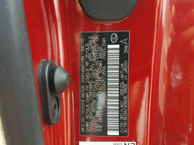 JTHFF2C20A2512556 - 2010 LEXUS IS 250 RED photo 10