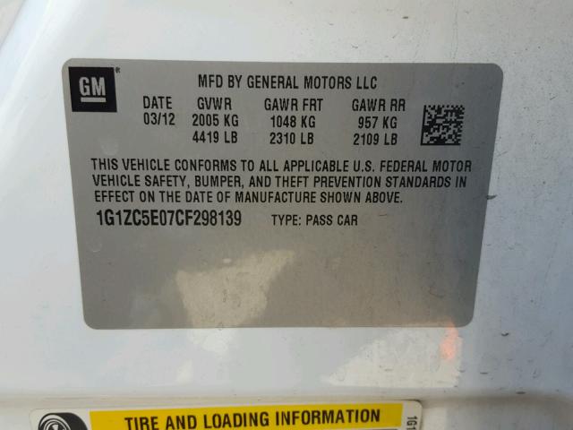 1G1ZC5E07CF298139 - 2012 CHEVROLET MALIBU 1LT 白色 照片 10