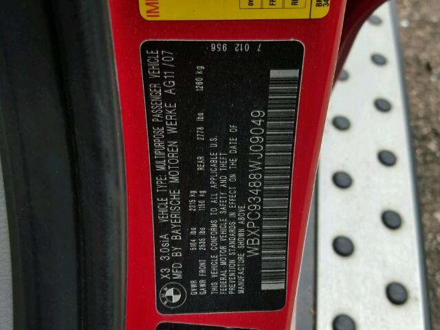 WBXPC93488WJ09049 - 2008 BMW X3 3.0SI RED photo 10