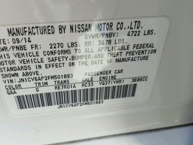 JN1CV6AP2FM501893 - 2015 INFINITI Q40 WHITE photo 10