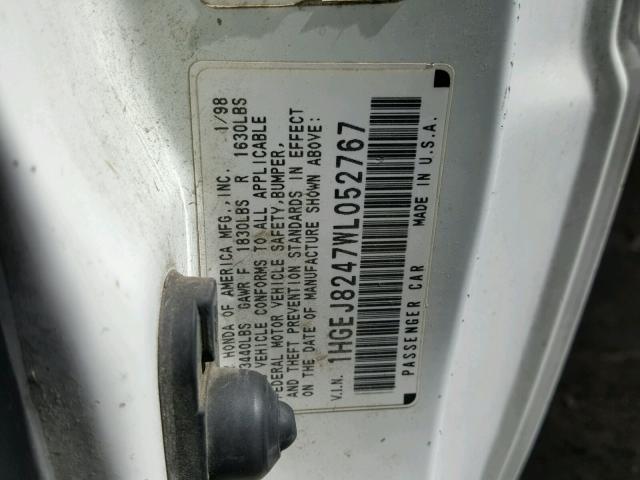 1HGEJ8247WL052767 - 1998 HONDA CIVIC EX WHITE photo 10